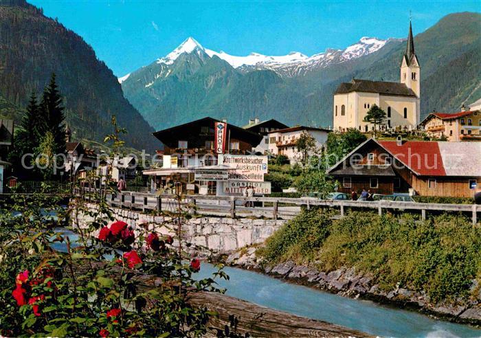 Kaprun Ortspartie am Fluss Kirche Blick zum Kitzsteinhorn Hohe Tauern