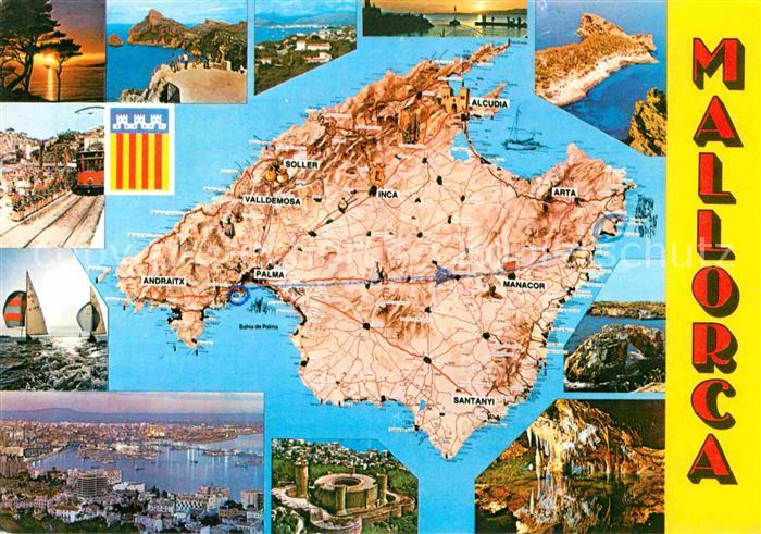 Mallorca Landkarte Insel Kuestenstaedte Abendsonne am Meer Hoehle