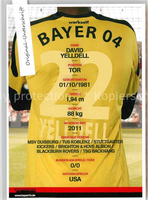 Fussball Bayer 04 Leverkusen David Yelldell Torwart Autogramm
