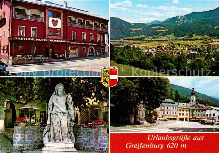 Greifenburg Gasthof Hotel Rossmann Statue Ortspartie mit Kirche Drautal
