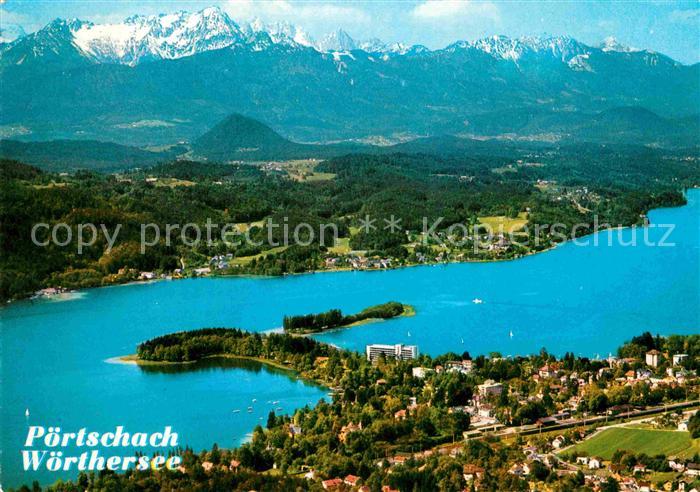 Poertschach Woerthersee Fliegeraufnahme Partie am See mit Mittagskogel