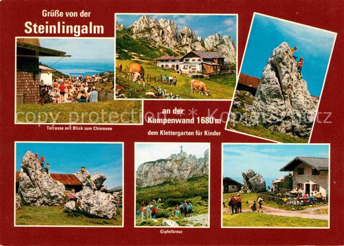 Kampenwand Chiemgau Steinlingalm Terrasse mit Blick zum Chiemsee Gipfelkreuz
