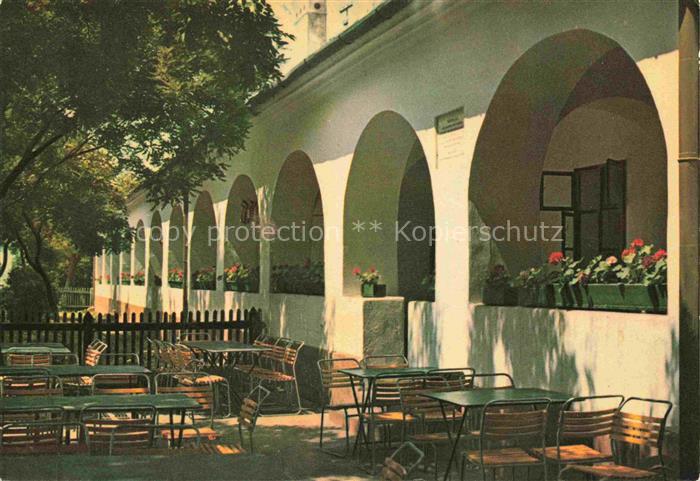 Hortobagy Hortobagyon HU Hortobágy Csárda Schenke Arkaden Gastgarten Tische Blum