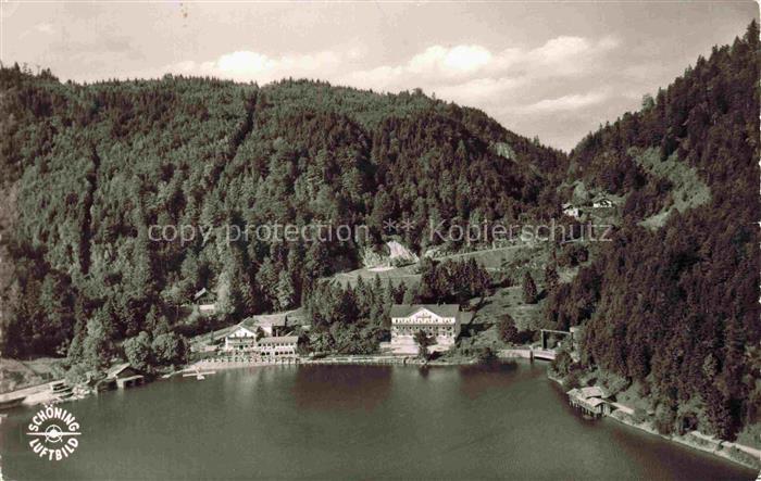 Urfeld Oberbayern Walchensee Hotel Wald Berge Steg See Luftaufnahme
