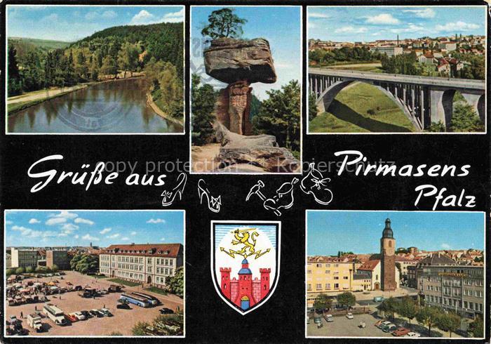 Pirmasens Wappen Schuhmetropole Marktplatz Autobruecke Felsenformation Kirchturm