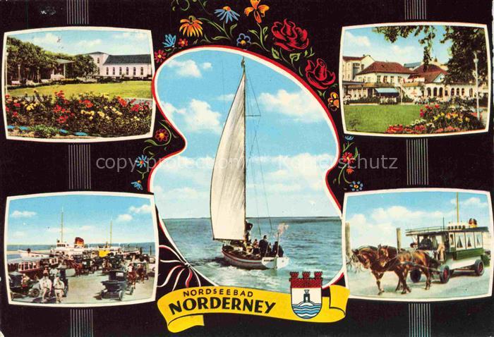 NORDERNEY Nordseebad Niedersachsen Nordseebad Segelboot Faehre Pferdebahn Kurhau