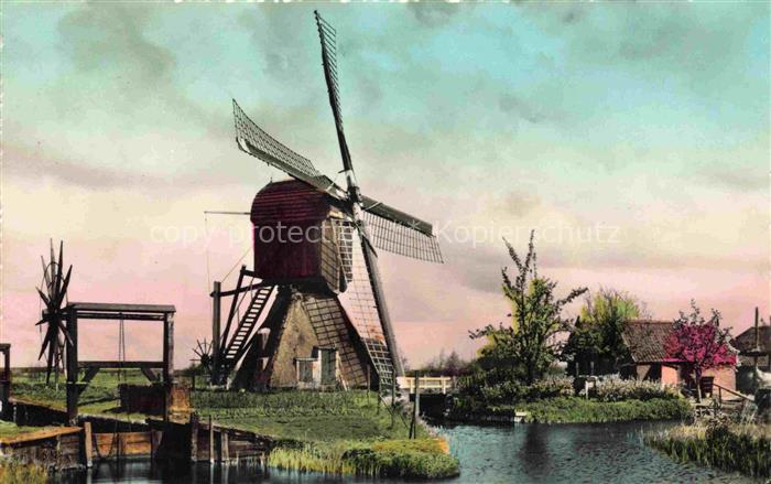 Tienhoven Utrecht NL Wipwatermolen Windmuehle Kanal Wiesen Schleuse handkolorier