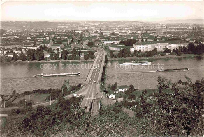 KOBLENZ Rheinland-Pfalz Rhein Mosel Bruecke Stadtansicht Frachtschiffe Dampfer