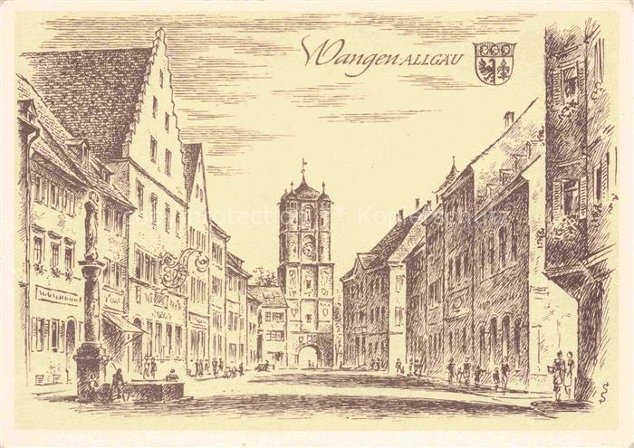 Wangen Allgaeu Bayern Allgaeu Stadtansicht Stadttor Marktplatz Zeichnung Brunnen