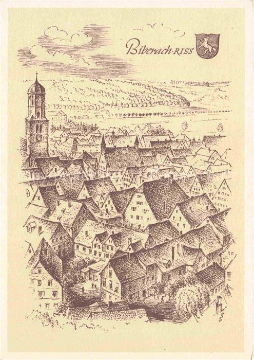 BIBERACH Riss BW Riss Stadtansicht Kirchturm Altstadt Zeichnung Daecher Wuertte