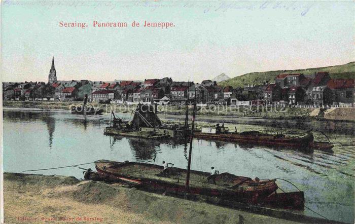 Seraing Liege Belgie Maas Jemeppe Fluss Lastkaehne Kirchturm Stadtpanorama handk
