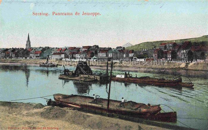 Seraing Liege Belgie Maas Jemeppe Fluss Lastkaehne Kirchturm Stadtpanorama handk
