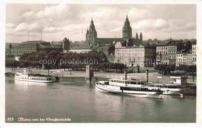 Mayence Mainz Rheinland-Pfalz Strassenbruecke Rhein Dom Schiffe Stadtpanorama Uf