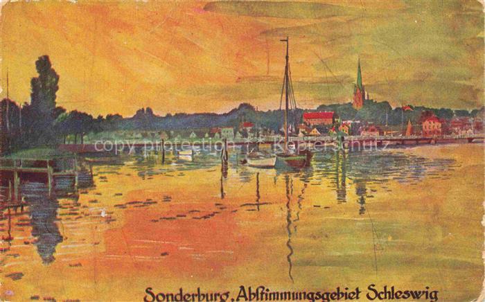 Sonderborg DK Hafen Segelboot Kirche Abendstimmung Bucht Bruecke Kunstkarte