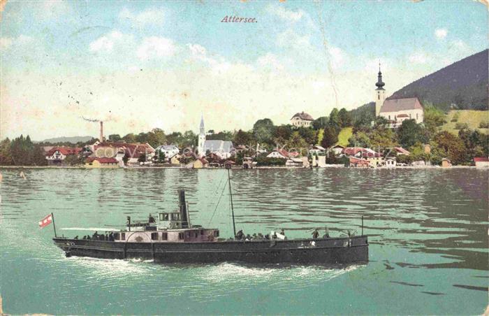 Attersee Attersee Dampfschiff Kirche Dorf See Berge Ufer