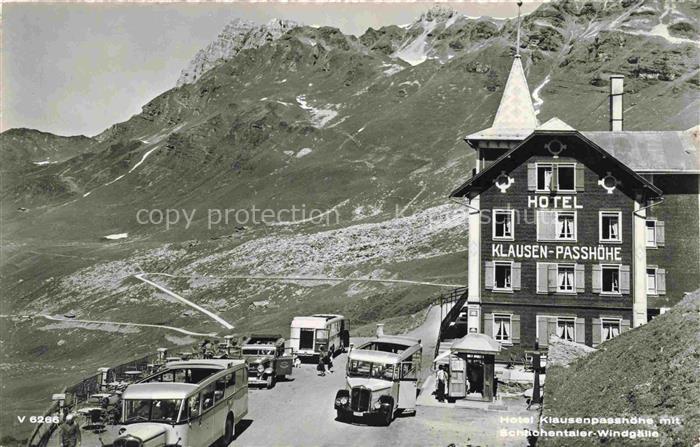 Postauto Postbus Omnibus Hotel Klausenpass hoehe Schaechentaler Windgaellen Schw