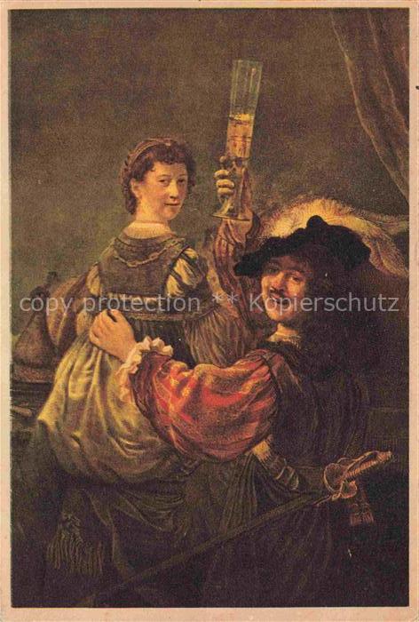 REMBRANDT van Rijn (1606-1669) Kuenstlerkarte avec mit Saskia Wein