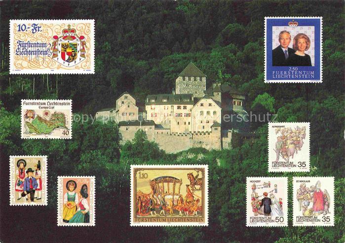 Briefmarken auf AK Timbres Postage Francobollo-- Fuerstentum Liechtenstein Vaduz