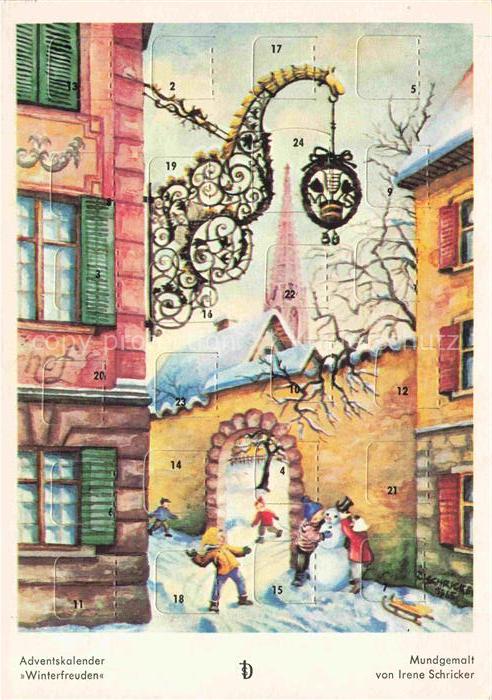 Adventskalender-auf-Postkarte Winterfreuden Mundgemalt Irene Schricker