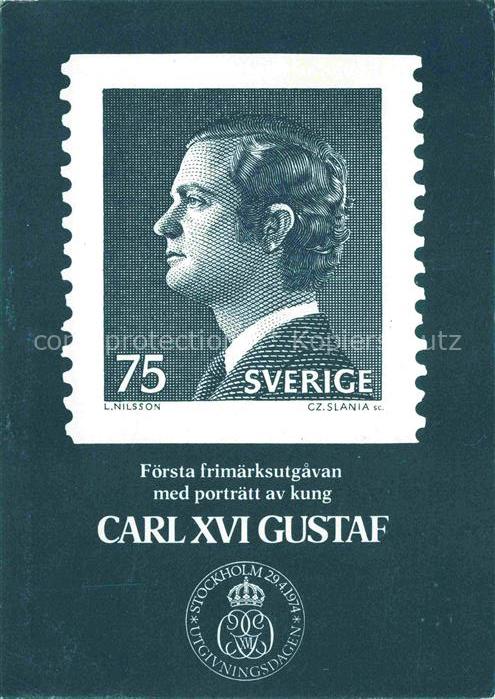 Briefmarken auf AK Timbres Postage Francobollo-- Koenig Carl XVI Gustav