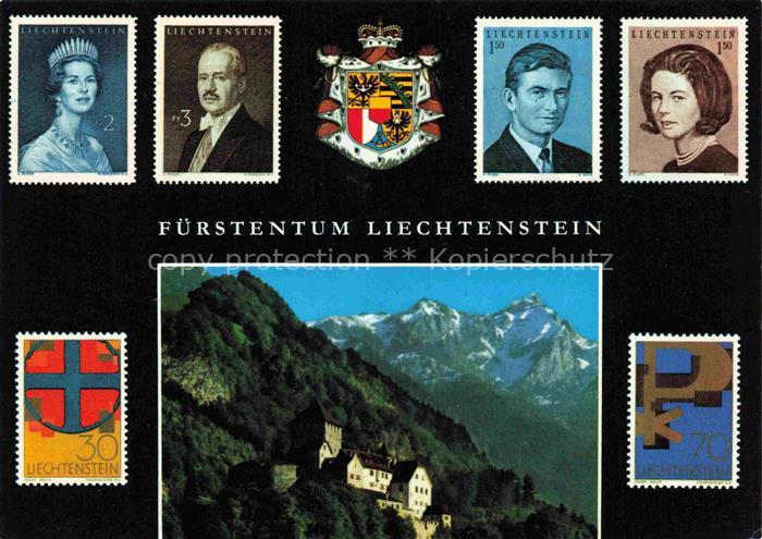 Briefmarken auf AK Timbres Postage Francobollo-- Fuerstentum Liechtenstein