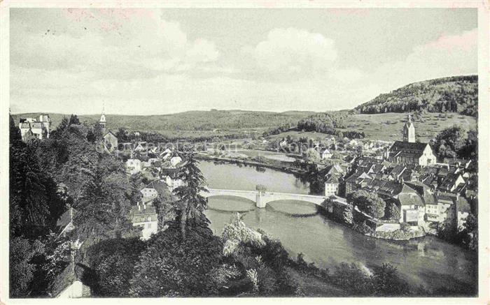 Laufenburg Baden BW Rhein Bruecke Fluss Stadtansicht Kirchturm Huegel Hotel-Schw