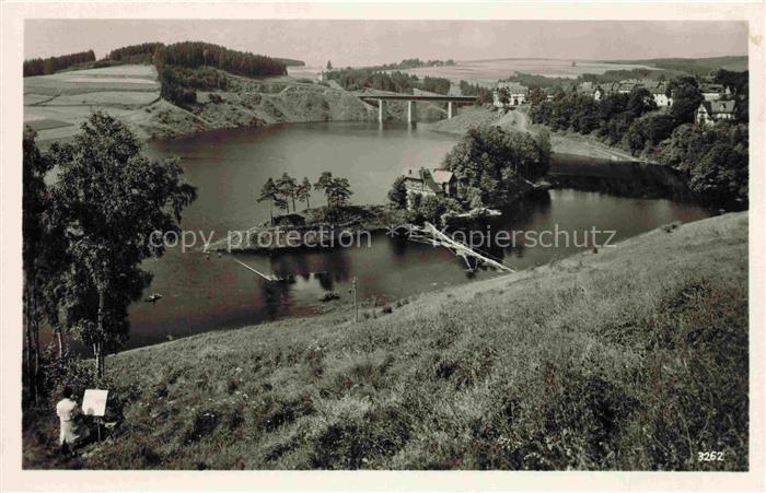 Saalburg Saale Thueringen Stausee Saale Insel Bruecke Maler Landschaft Wald Vill