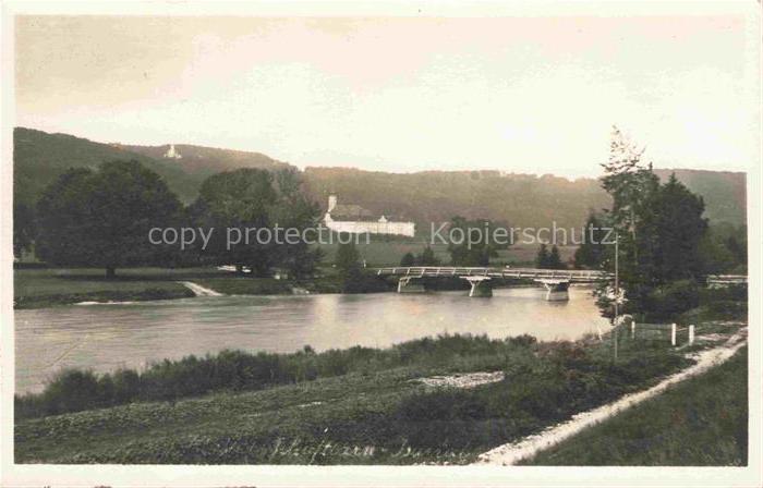Kloster Schaeftlarn Kloster Bruecke Isar Fluss Huegel Baeume Wiesen