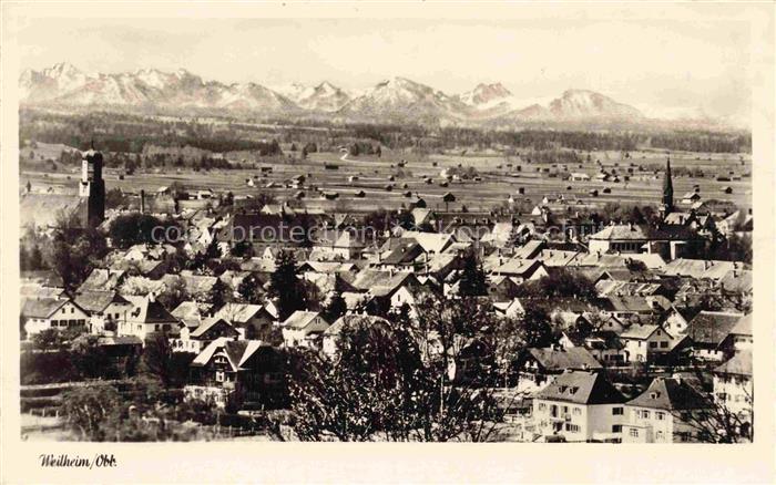 Weilheim Oberbayern Stadtansicht Alpen Kirchturm Daecher Felder Berge