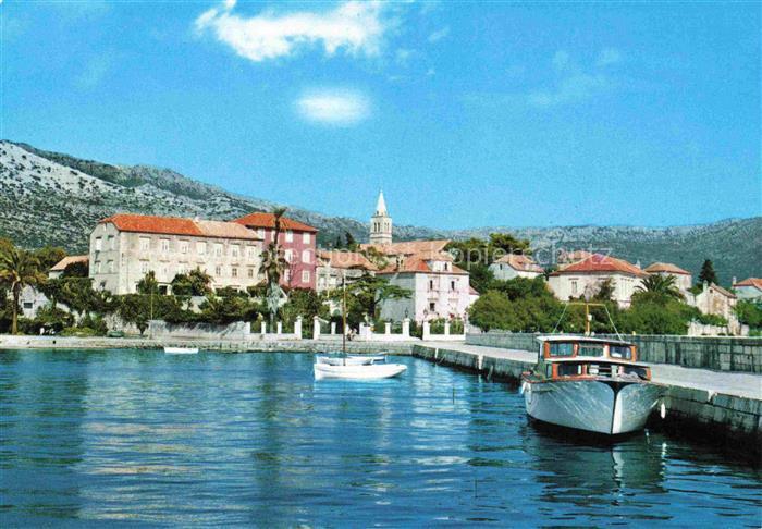 Orebic Croatia Hafen Boote Motorboot Haeuser Kirche Berge Kueste