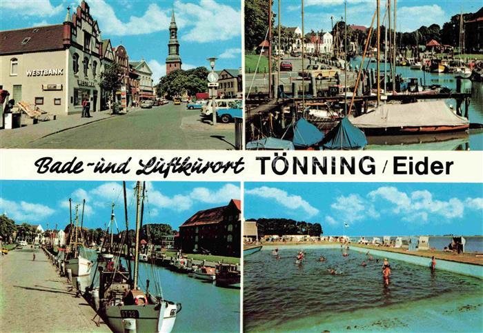 Toenning Nordseebad Westbank Kirchturm Stadtplatz Segelboote Hafen Fischerboote