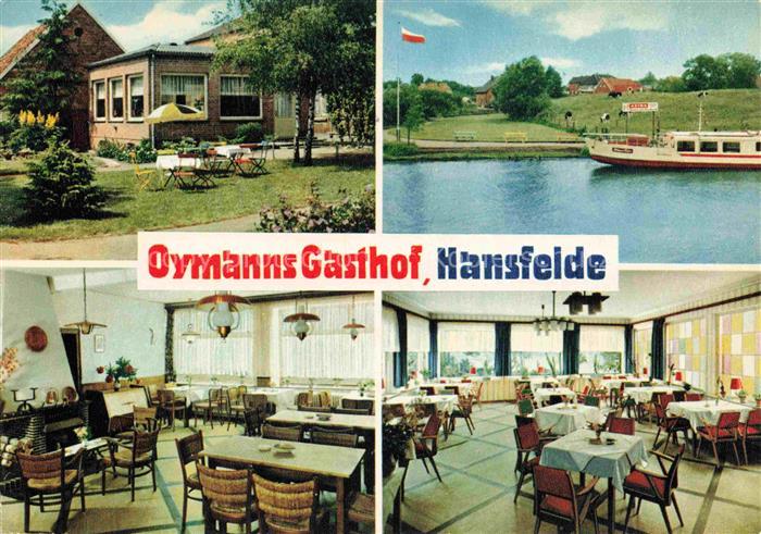 Hansfelde Holstein Oymanns-Gasthof Terrasse Kanal Schiff Restaurant Speisesaal T
