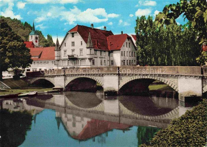 Sulz Neckar Neckarbruecke Fluss Hotel Kirchturm Baeume Spiegelung