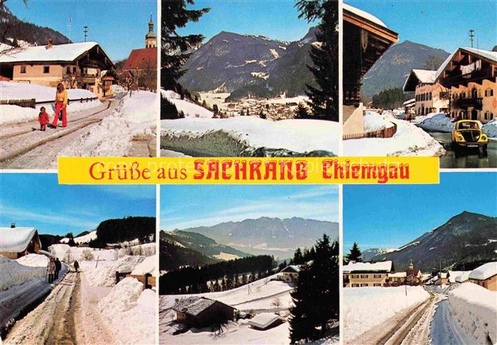 Sachrang Chiemgau Winterlandschaft Dorf Kirche Berge Mehrbildkarte VW-Kaefer Ski
