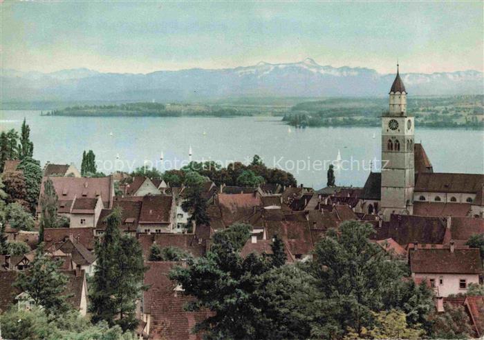 ueberlingen Bodensee BW Bodensee Kirchturm Altstadt Schweizer-Alpen Segelboote I