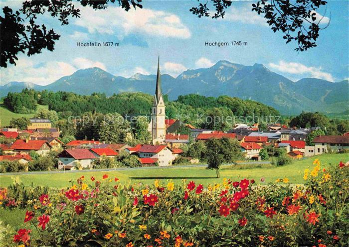 Stock Chiemsee Kirche Dorf Blumenwiese Hochfelln Hochgern Alpen Bayerische-Alpen