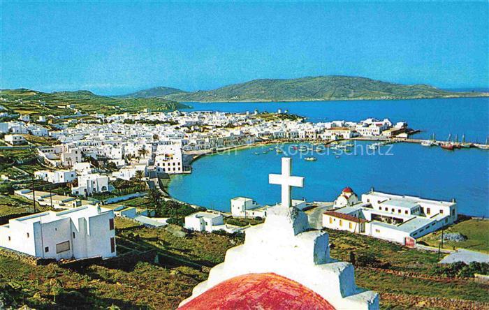 Mykonos Micono Myconos Greece Hafen Panorama Weisshauser Aegaeis Kreuz Kirche Bo