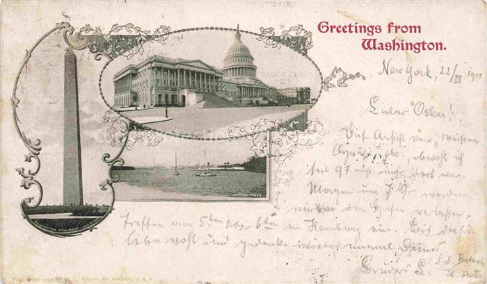 WASHINGTON  DC USA Washington-Monument Capitol Potomac-River Dampfschiff Greetin