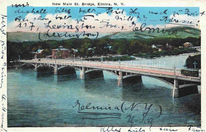 Elmira New York USA New-Main-St-Bridge Bruecke Fluss Strassenbahn Huegel Stadtan
