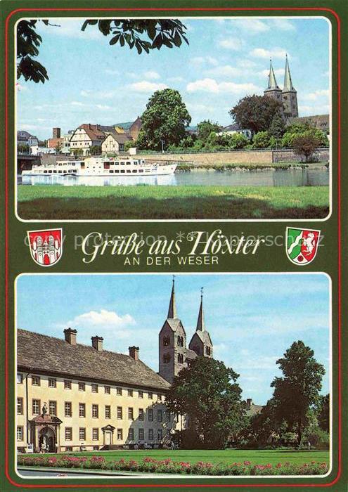 Hoexter Weser NRW Weser Fahrgastschiff Kirchtuerme Kloster-Corvey Schloss Stadta
