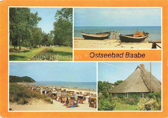 BAABE Ostseebad Ruegen Kurpark Boote Strand Rohrdachhaus Strandkoerbe Ostsee