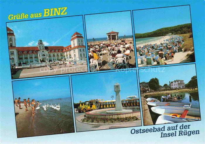 BINZ Ruegen Kurhaus Strand Strandkoerbe Schwaene Bimmelbahn Ruderboote Ostseebad