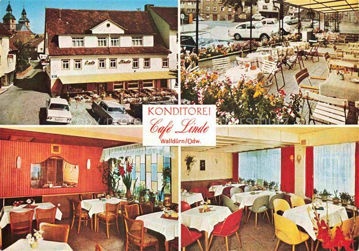 Wallduern Konditorei Café-Linde Terrasse Innenraum Gaststube Kirchturm Odenwald