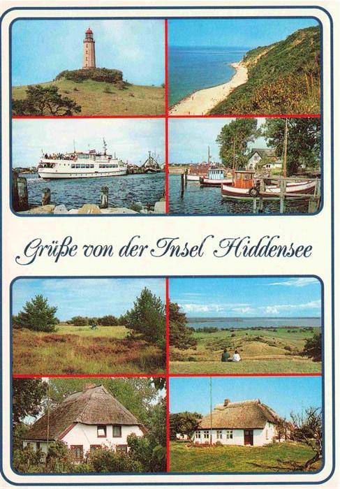 Insel Hiddensee Leuchtturm Strand Hafen Faehre Fischerboote Reetdachhaeuser Land