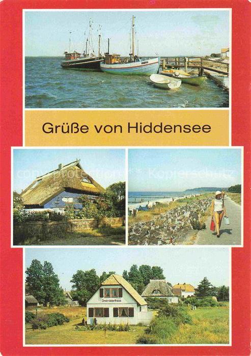 Vitte Hiddensee Vitte Hafen Fischerboot Reetdachhaus Duenendamm Dreimaederlhaus