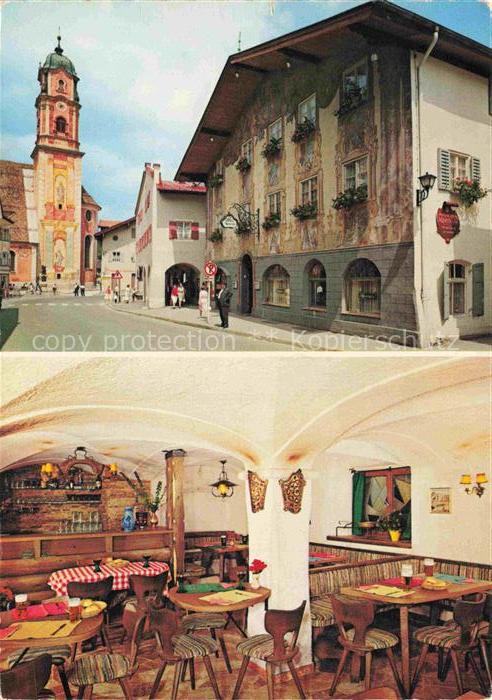 MITTENWALD Bayern Hotel-Gasthof-Alpenrose Kirchturm Lueftlmalerei Karwendelgebir