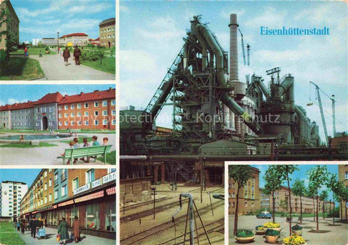 Eisenhuettenstadt Stahlwerk Hochofen Wohnblocks Plattenbau Geschaeftszeile Kran
