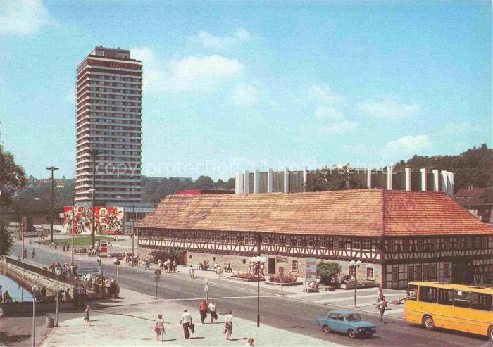 SUHL Thueringen Waffenmuseum Fachwerkgebaeude Hotel-Suhl Wandbild Bus Fluss Inne