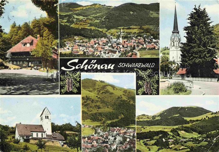 Schoenau Schwarzwald Schwarzwald Ortsansicht Kirche Bauernhof Panorama Berge Wie