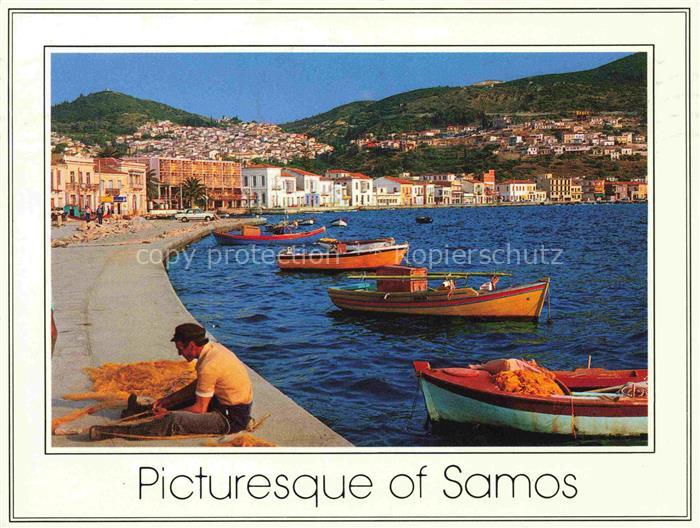 Samos Samo Greece Hafen Fischerboote Hafenpromenade Fischer Fischernetze Kueste
